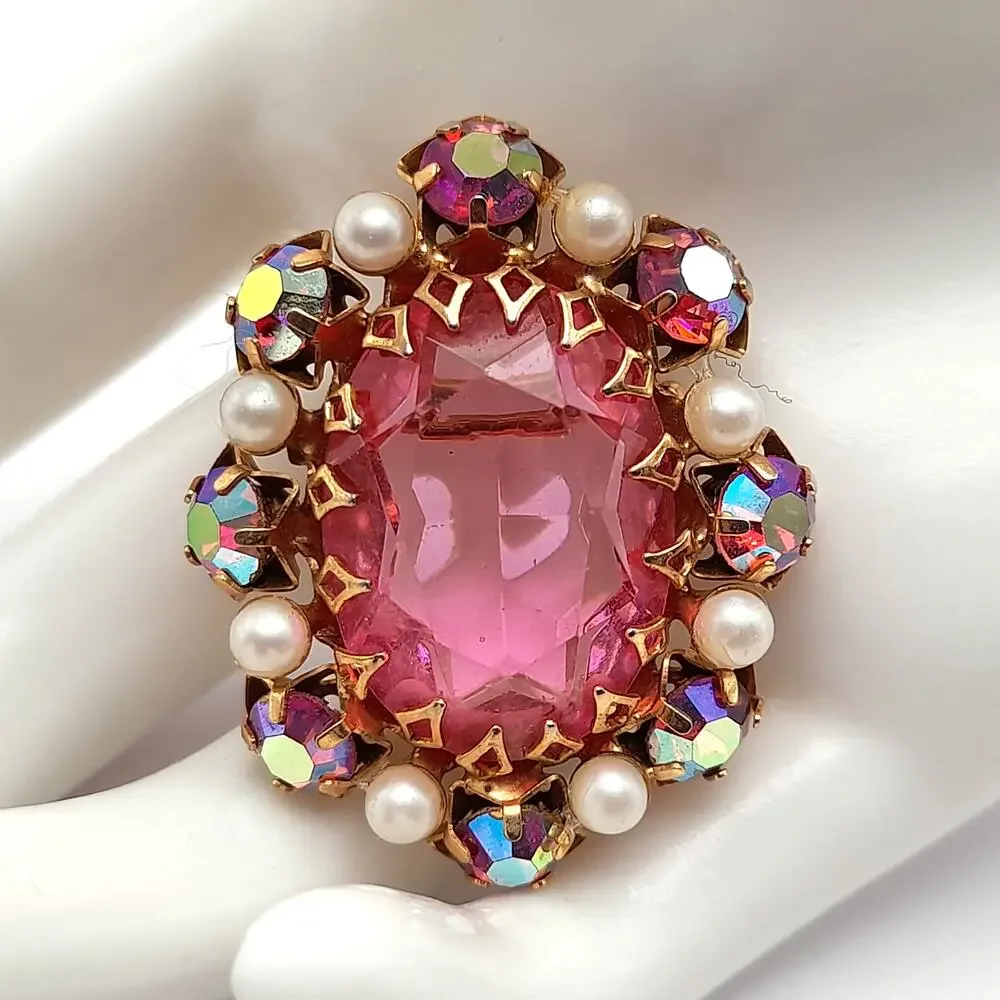 Vintage Signed JEWEL Pink Glass Brooch, Aurora Borealis Rhinestones, Faux Pearls